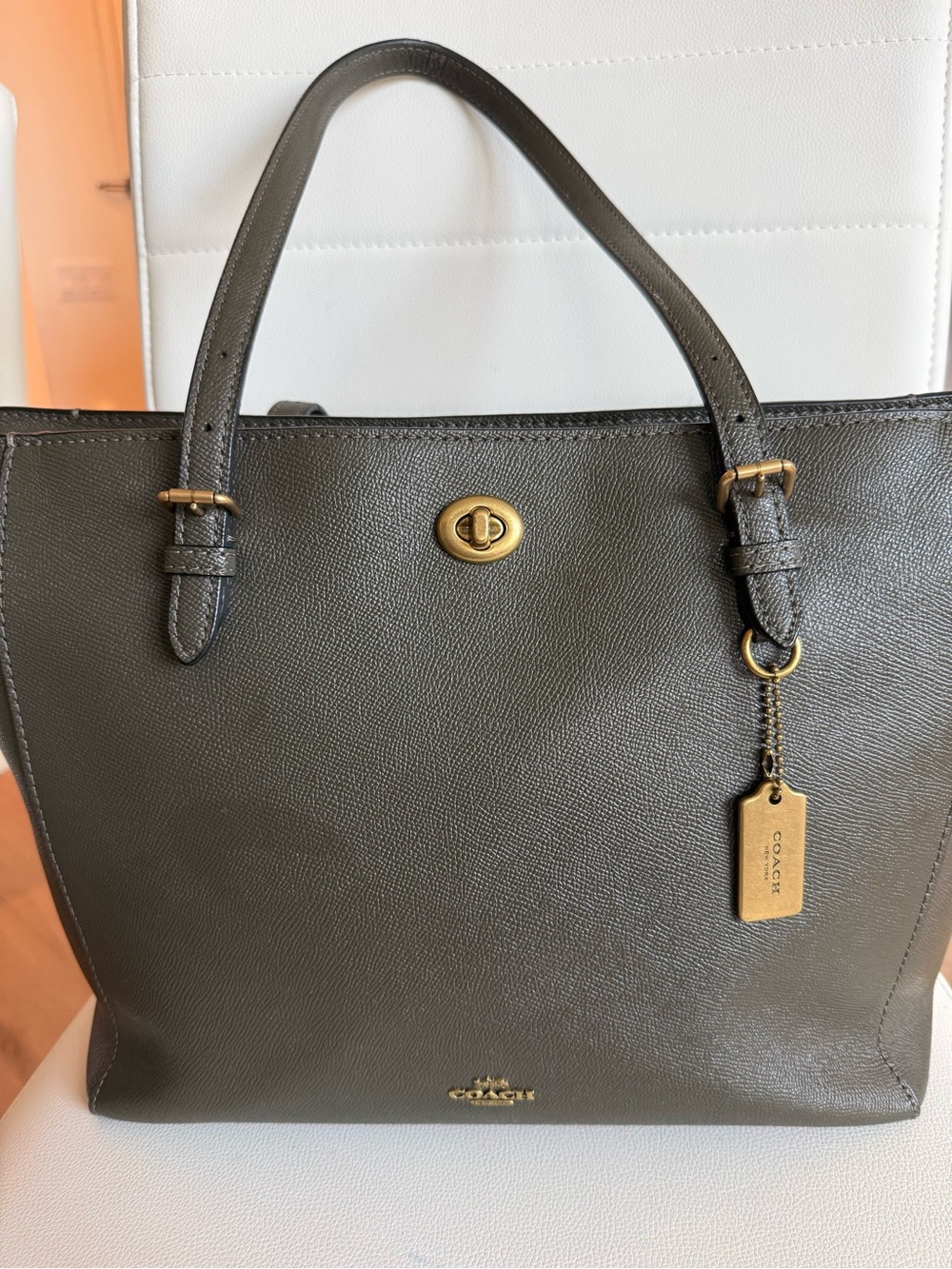 COACH Olive Green Leather Tote with Gold Hardware